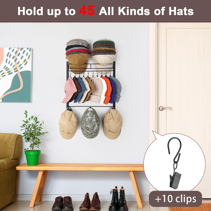 Latitude Run Hat Rack For 45 Baseball Caps With 10 Clips 3 Tier Hat Organizer For Wall Multi Functional Hat Hanger Metal Hat Holder At Closet Bedroom Entryway Gift For Men Boy Teen Wayfair